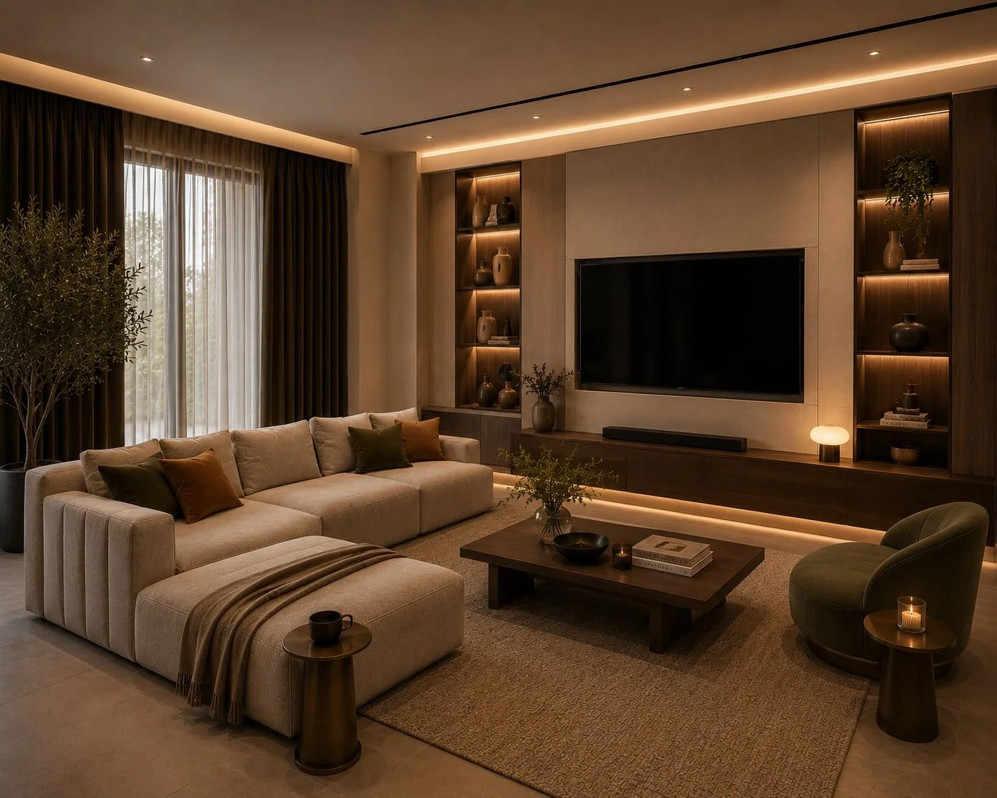 A cozy modern living room with a large beige sectional sofa, a coffee table, and a green armchair. The room has warm lighting, built-in shelves with decorative items, and a flat-screen TV on the wall. There are large windows with curtains and indoor plants.