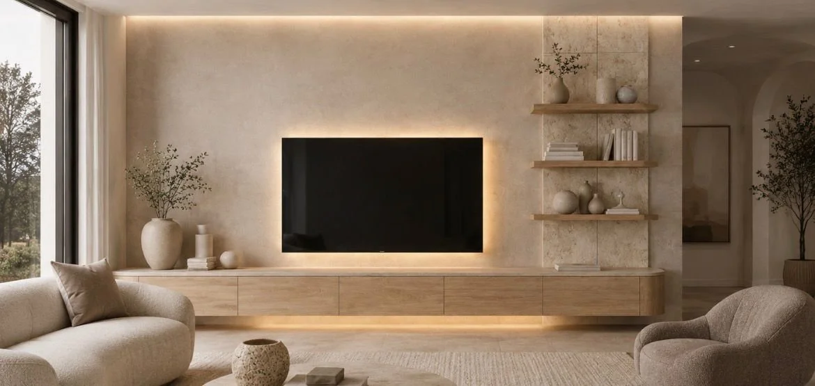 Modern living room with a mounted flat-screen TV on a beige wall, backlit with warm lighting. There is a large window on the left with trees outside. The room features neutral-colored furniture, including a beige sofa with a pillow, and a beige armchair. A wooden console with decorative vases and plants is below the TV, and floating shelves with books and vases are on the right side of the TV wall. Decorative items include vases, books, and plants.
