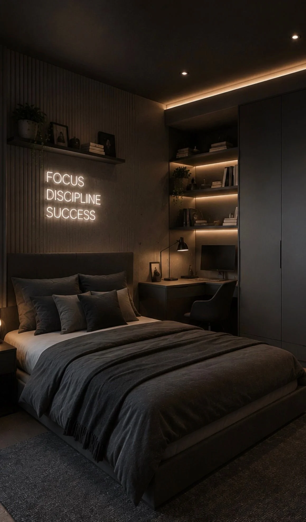 A modern bedroom with a dark color palette, featuring a bed with multiple pillows, a desk with a computer monitor, and a neon sign on the wall that reads "FOCUS DISCIPLINE SUCCESS." There are shelves with books and decorative items, soft lighting, and a small lamp on the desk.