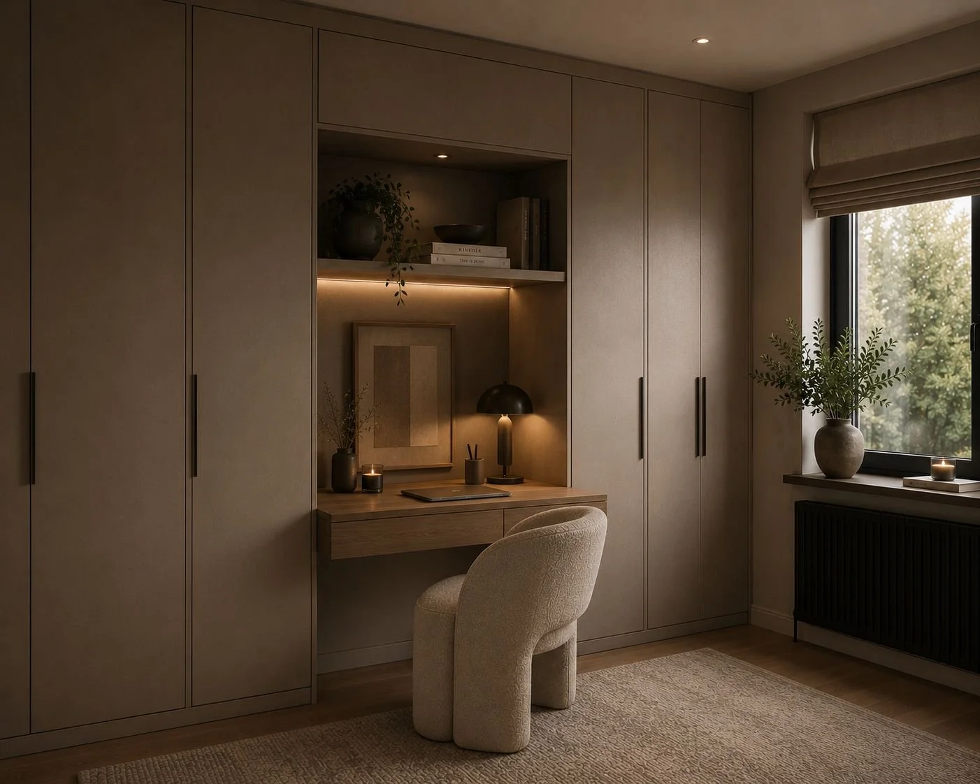 A cozy home office nook with a built-in desk, beige upholstered chair, and surrounding cabinetry. Decor includes a table lamp, framed artwork, vases, candles, and books. A large window with blinds overlooks greenery outside.