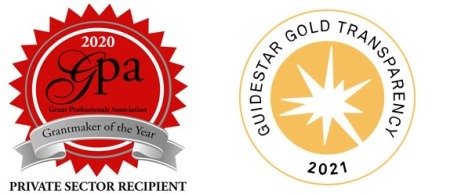 Two award badges. The left badge is red with black and white text, reading '2020 GPA Grantmaker of the Year' and 'Private Sector Recipient.' The right badge is gold and white, with the text 'GUIDESTAR GOLD TRANSPARENCY 2021' surrounding a star symbol.