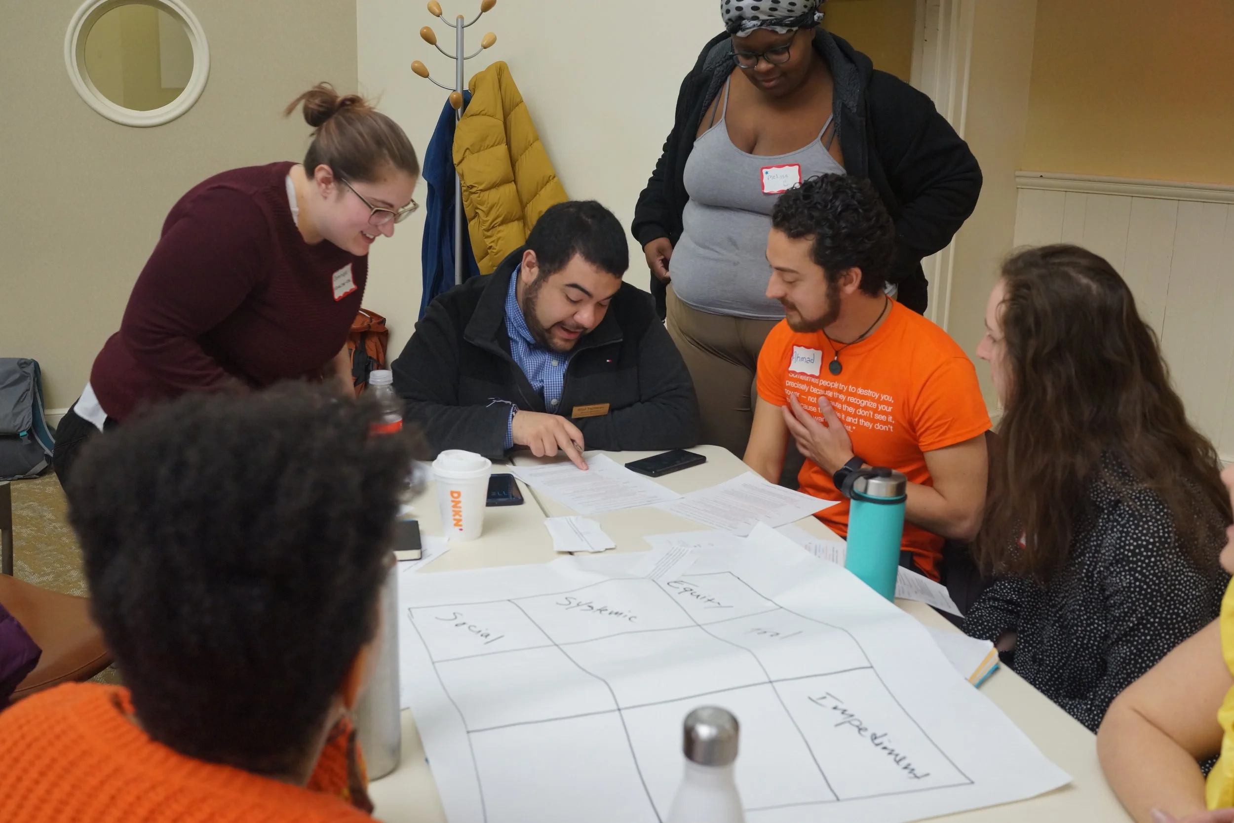 A diverse group of people gathered around a table, engaging in a discussion or activity, with some looking at papers and talking to each other.