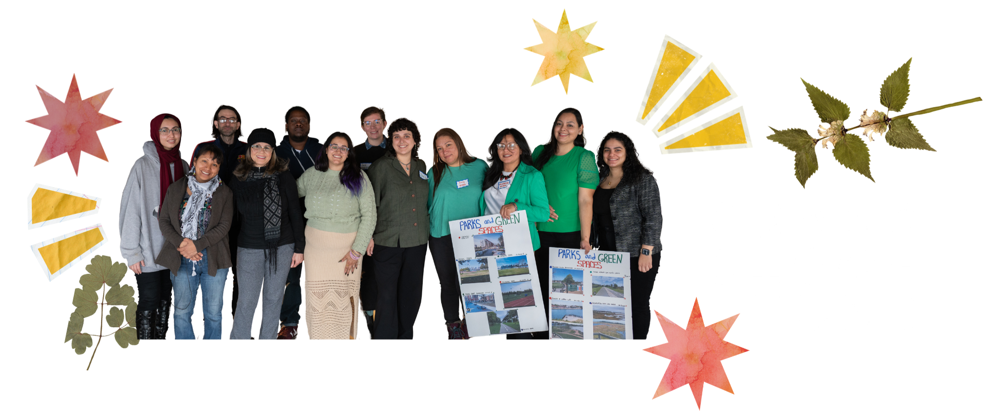 Group of diverse people standing together indoors, holding posters about parks and green spaces, surrounded by decorative autumn leaves and stars.