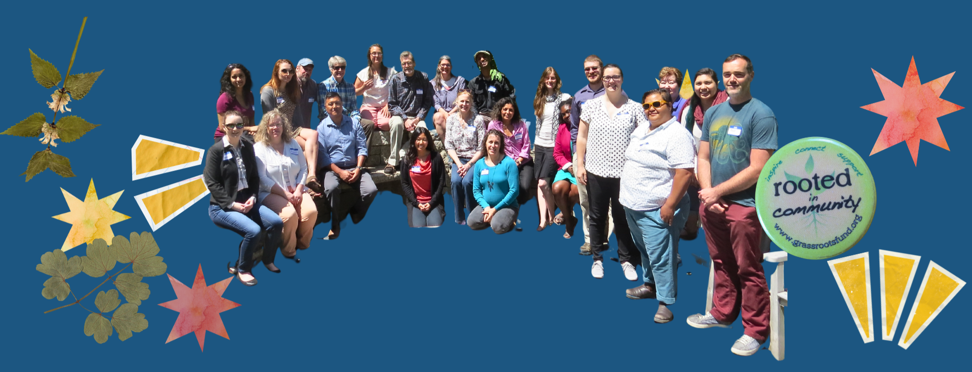 Group of people outdoors posing for a photo, surrounded by decorative elements including leaves, stars, and a circular logo that reads "rooted in community."