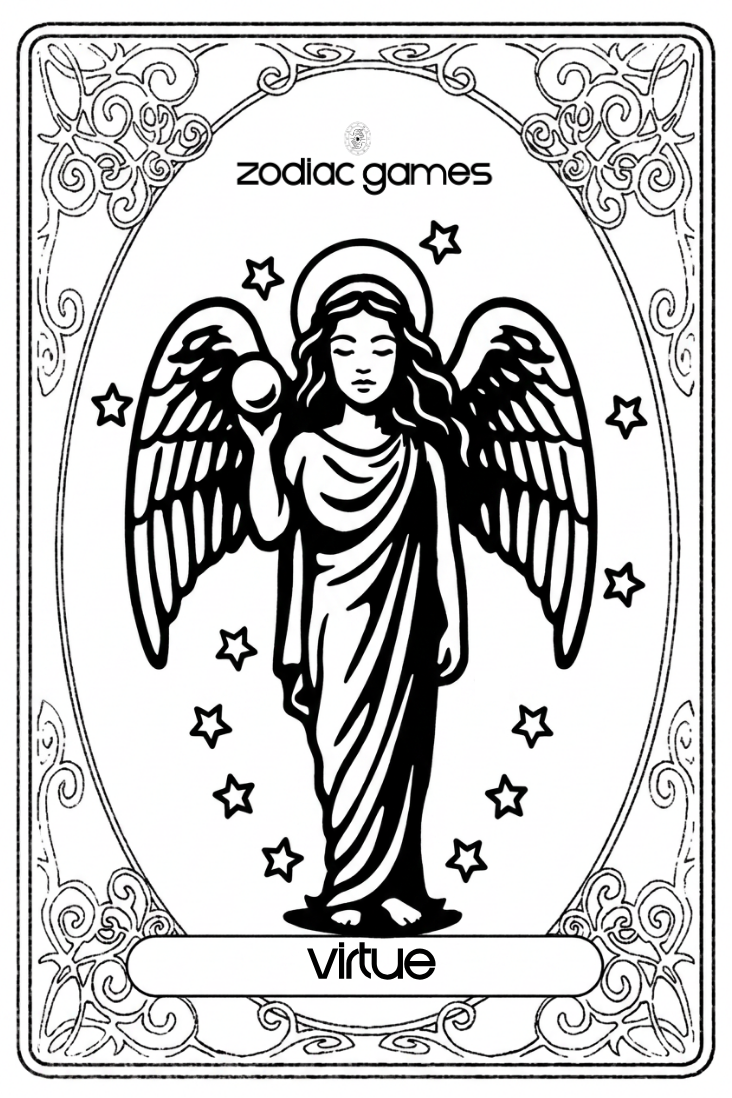 Coloring page with a drawing of an angel holding a ball, surrounded by stars and decorative border, labeled 'zodiac games' and 'virtue'.