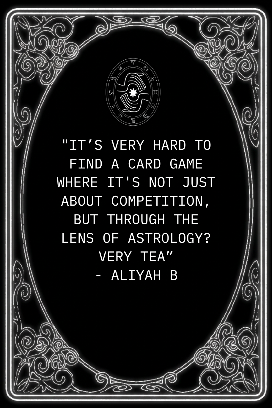 Neon-style illustration of a quote about astrology and card games, with decorative swirls and a central zodiac symbol.
