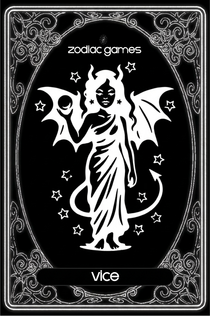 Black and white tarot card with a cartoon devil woman holding a sphere, surrounded by stars and bat-like wings, labeled 'vice' and 'zodiac games'.