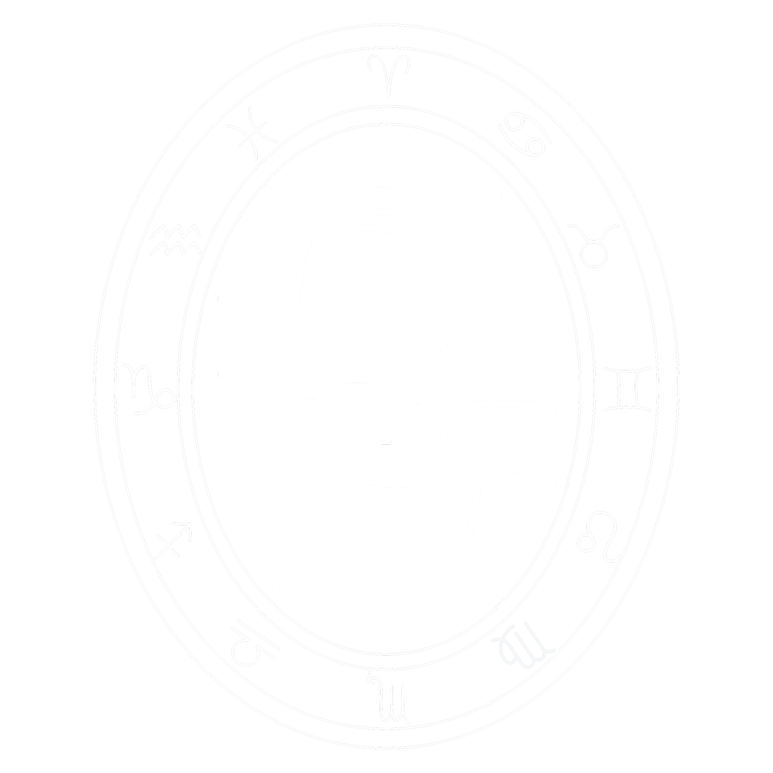 A black and white illustration featuring a handshake at the center with a star below it, surrounded by zodiac symbols in a circular arrangement.