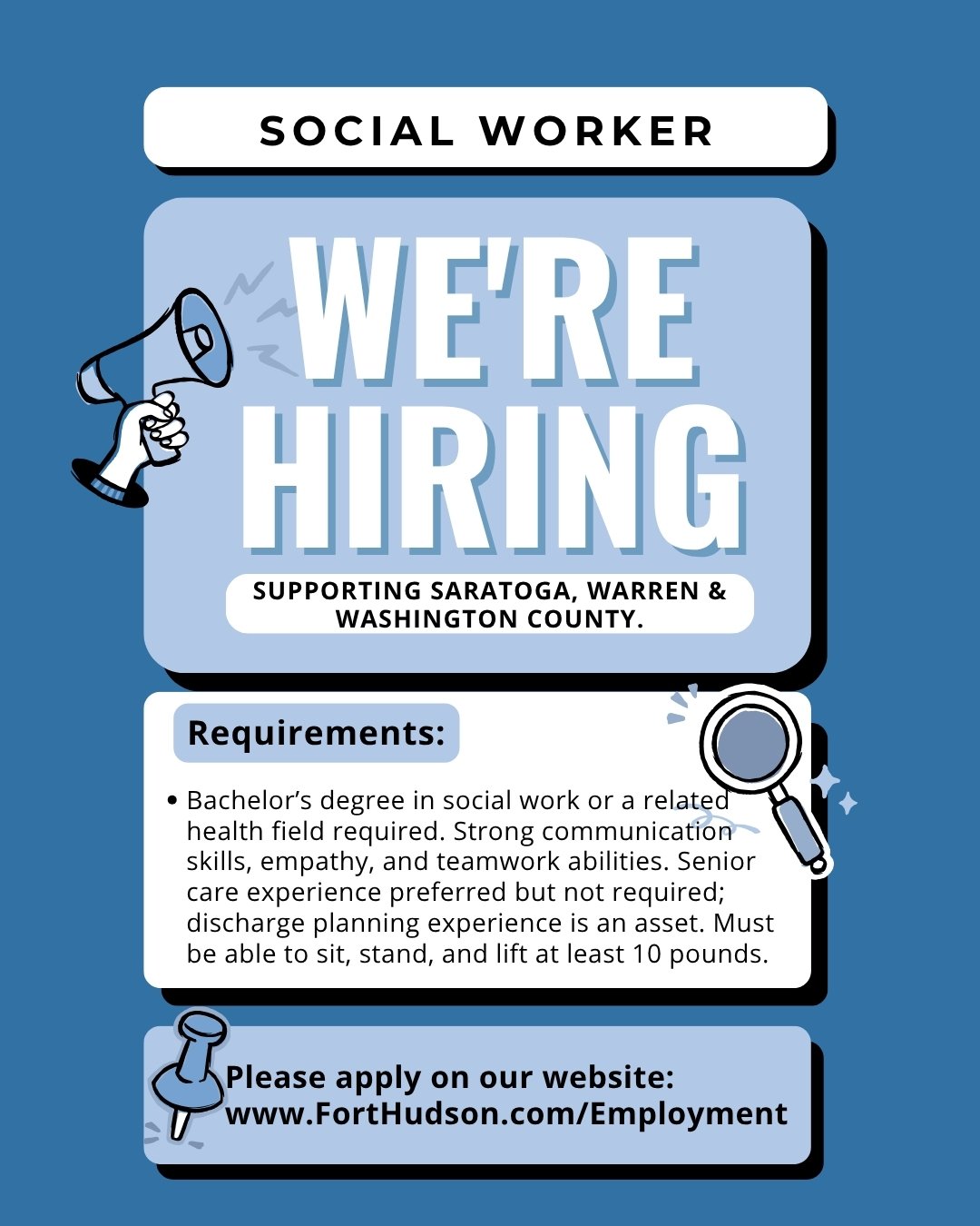 📣 We&rsquo;re Hiring: Social Worker

Join our team at the nursing center and make a meaningful difference in the lives of our rehabilitation patients and their families. 💙

We&rsquo;re looking for a compassionate, organized professional to coordina