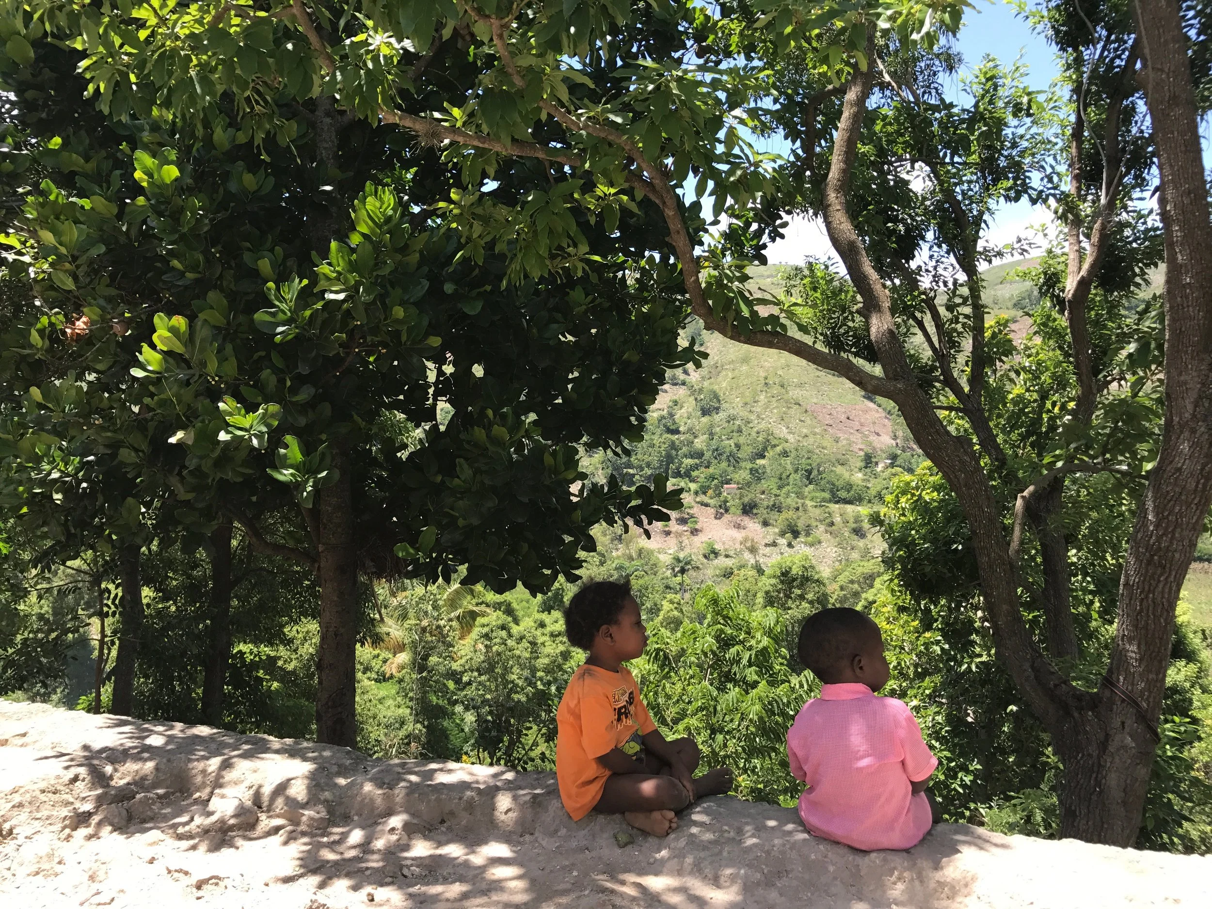 Children sit together in Haiti under trees overlooking the countryside.