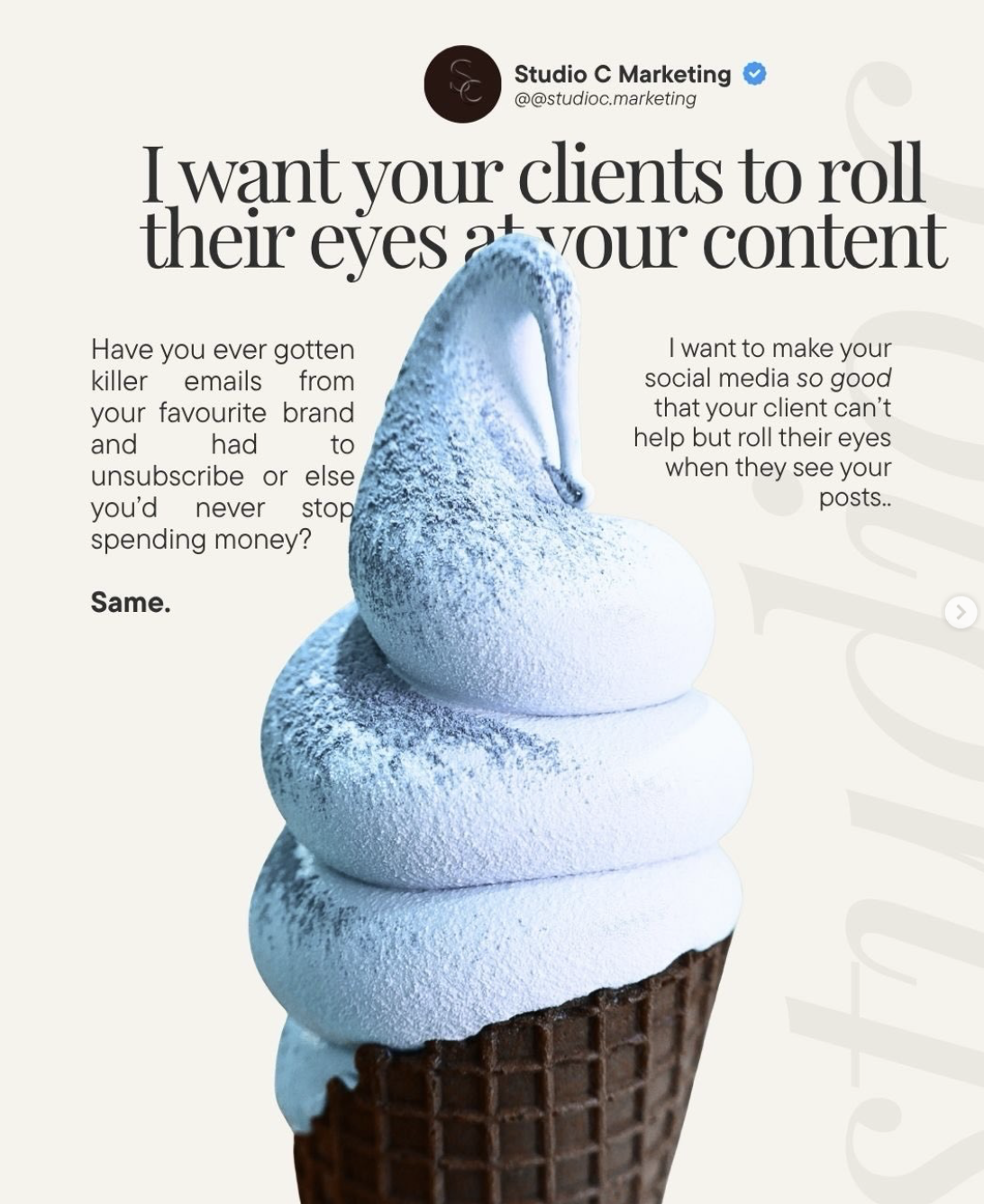 An ice cream cone with four swirls of white frozen yogurt or soft serve ice cream, dusted with powdered sugar, in a chocolate waffle cone. The background is off-white with black and grey text for a marketing message.