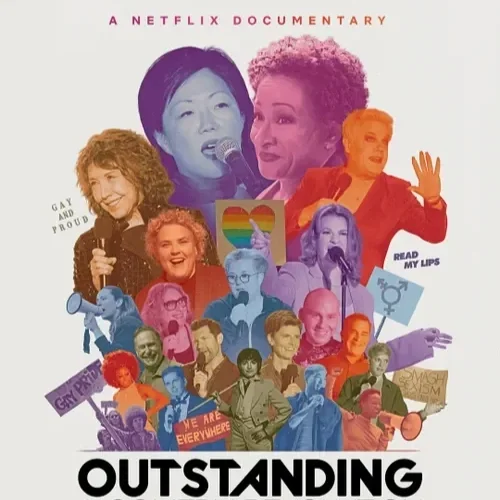 Collage of diverse LGBTQ+ individuals and icons promoting a Netflix documentary titled "Outstanding".