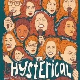 Cartoon illustration of multiple women with different hair colors and styles holding microphones, with the word 'Hysterical' at the bottom and names of the women on their hairlines.