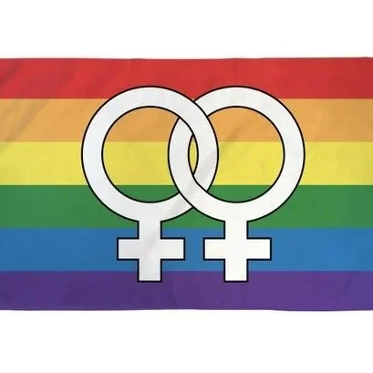 Two interlinked female gender symbols over a rainbow pride flag.
