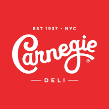 Red square logo with white text that reads 'Carnegie Deli,' 'Est 1937 - NYC.'