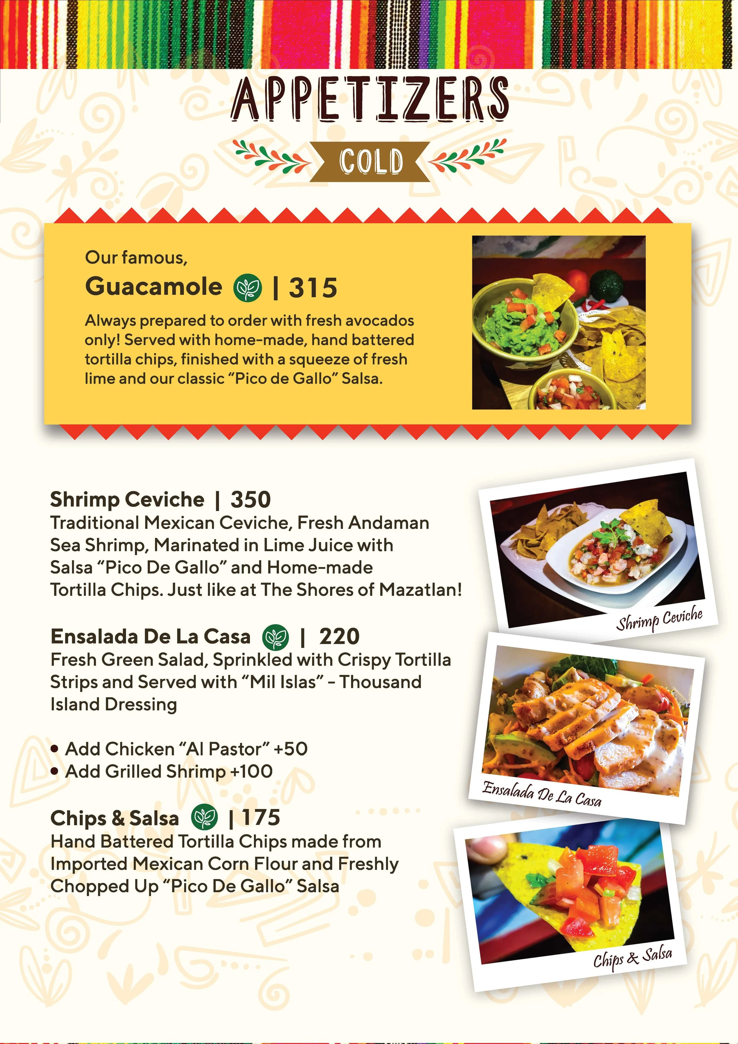 A menu page featuring appetizers with a section for cold appetizers including guacamole and shrimp ceviche, with photos of the guacamole served with tortilla chips and fresh vegetables, and shrimp ceviche served with tortilla chips.