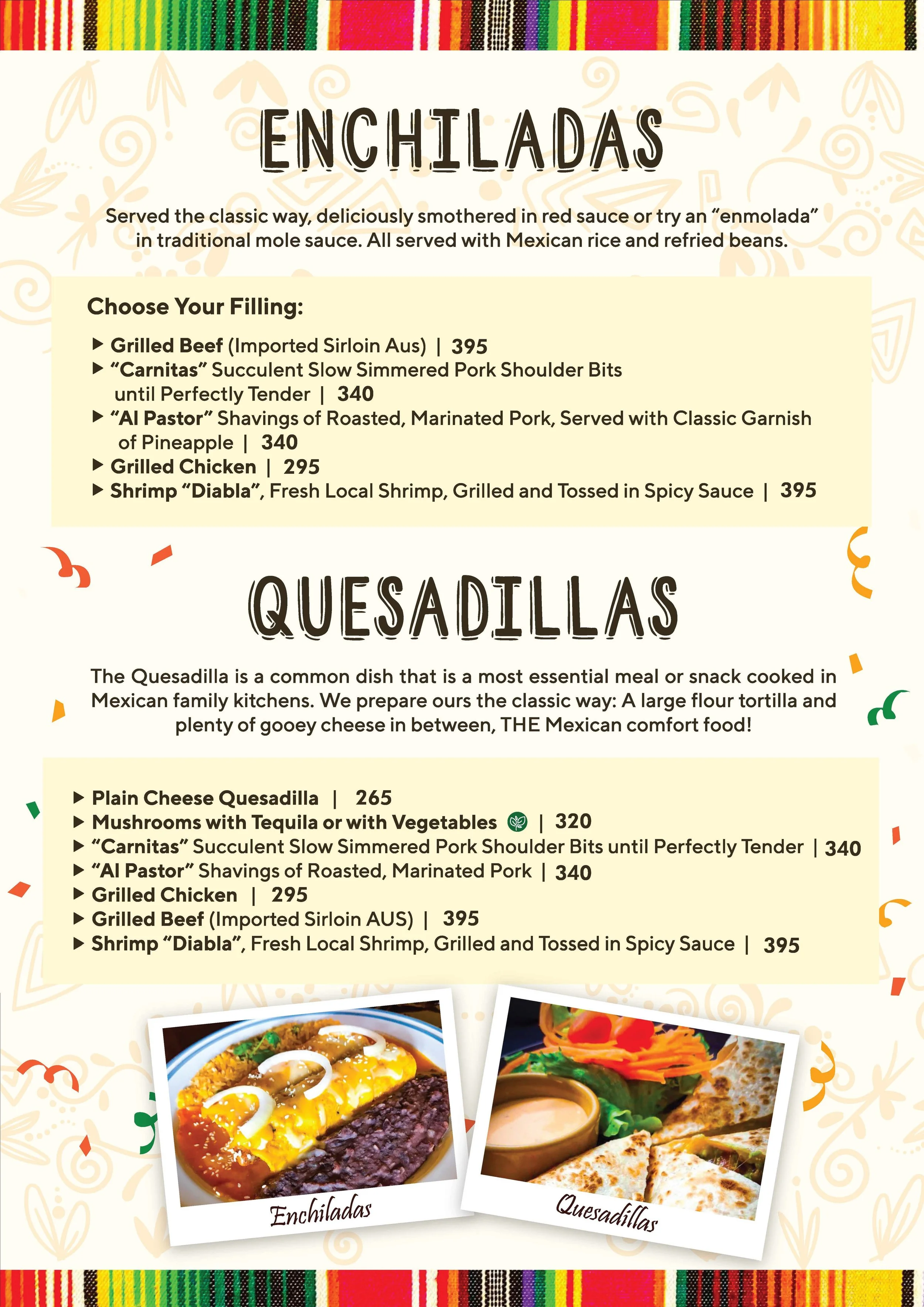 Menu depicting Mexican dishes with photos of enchiladas and quesadillas, including descriptions and prices.