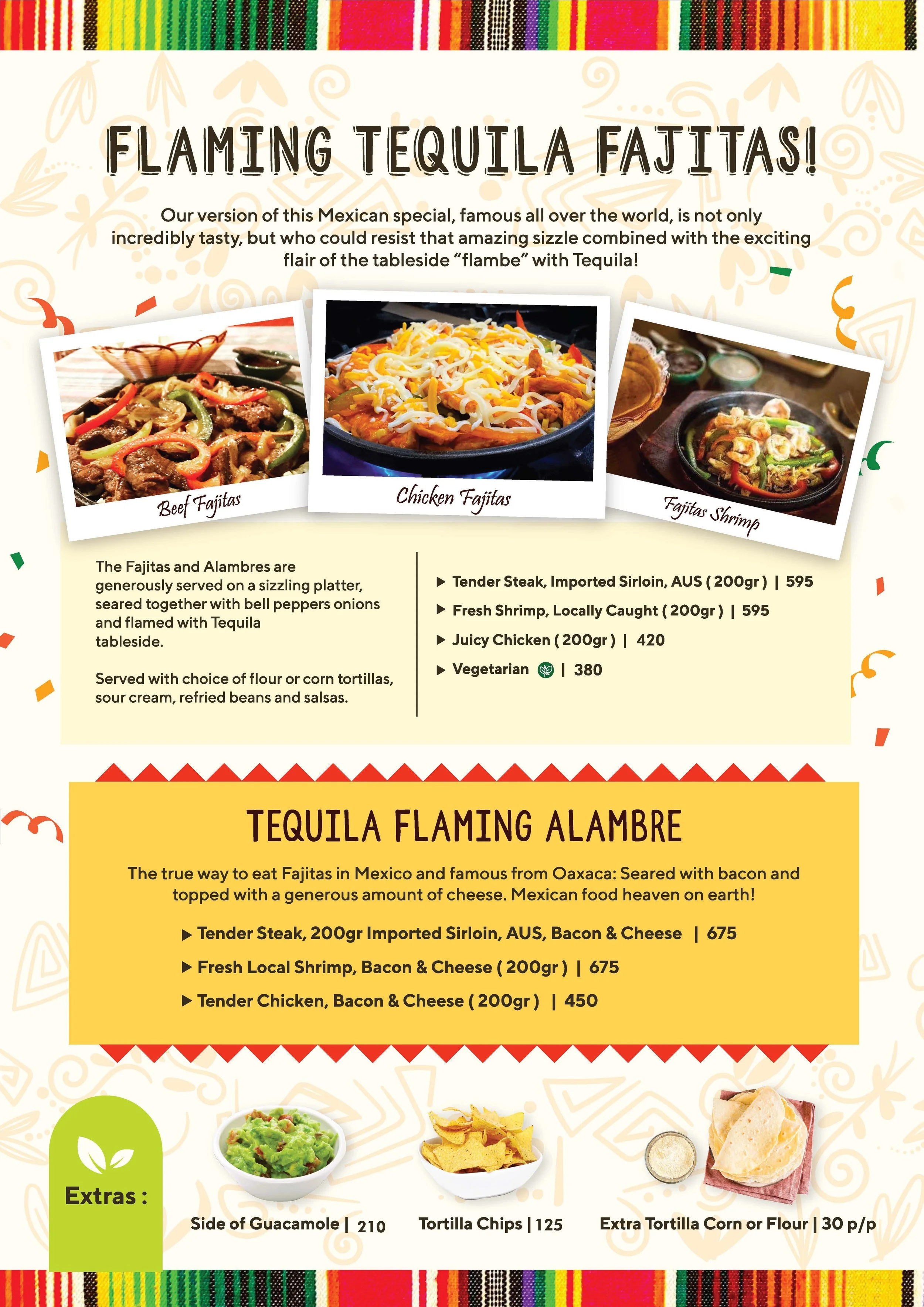 Menu page featuring images of various types of fajitas, including beef, chicken, and shrimp, topped with cheese and served on sizzling platters. The background has a colorful, traditional Mexican pattern border, and the section highlights options and prices for fajitas and extras like guacamole, tortilla chips, and tortillas.