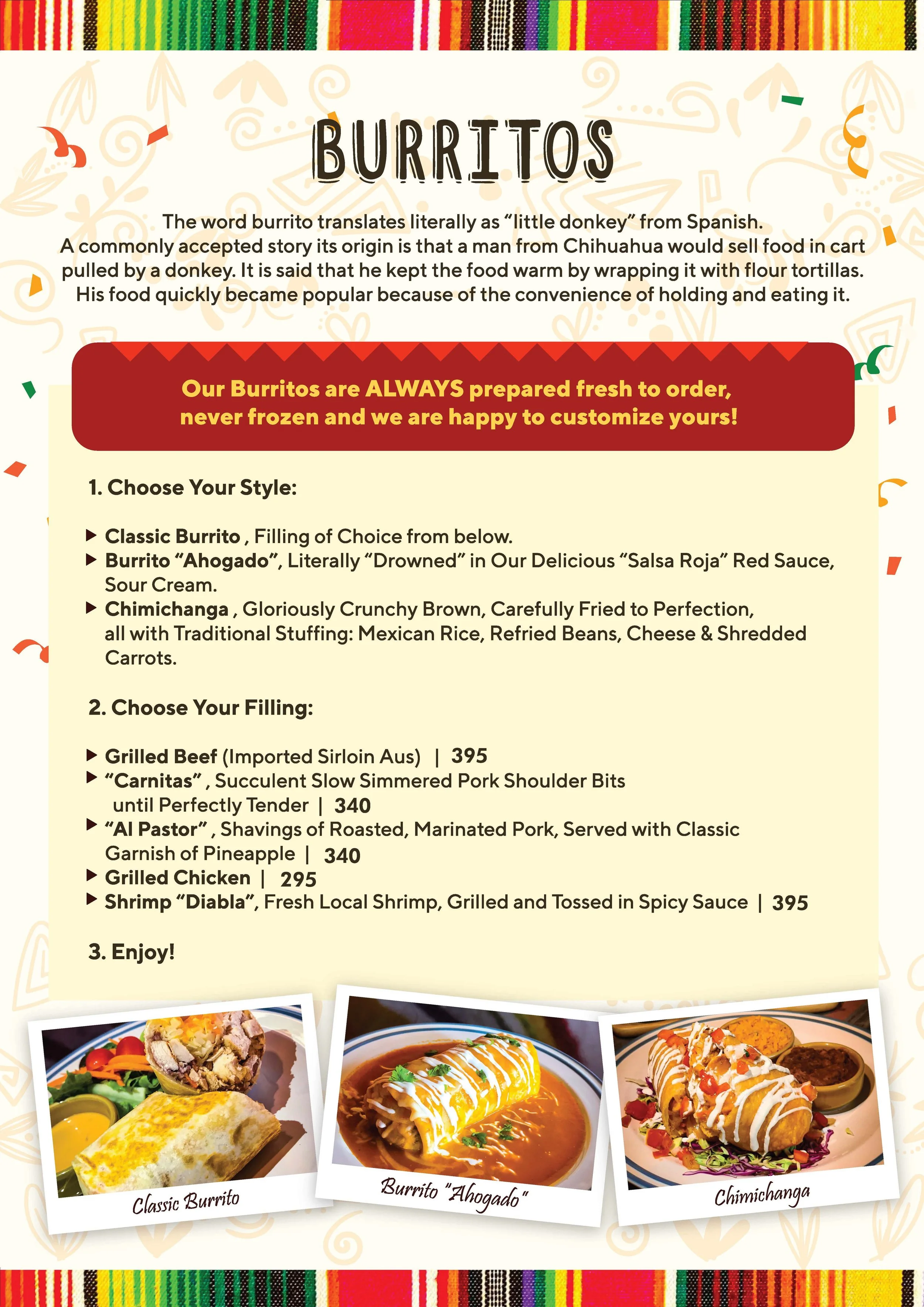A Taco Bell menu with three dishes: Classic Burrito, Burrito 'Ahogado,' Chimichanga, with images of each dish underneath their names.