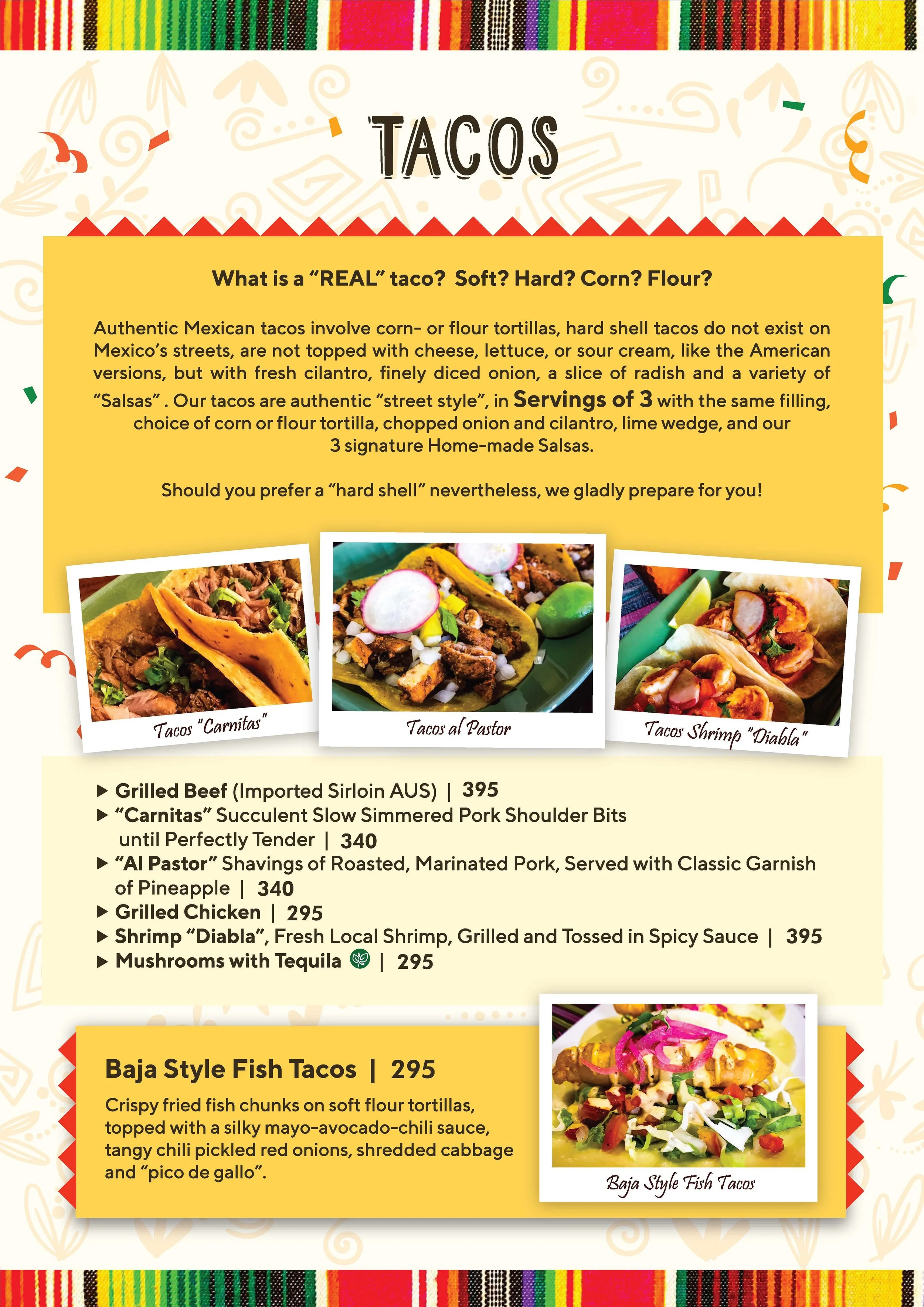 A Mexican food menu page featuring three taco dishes and a fish taco dish. The menu is decorated with colorful borders and have pictures of the tacos and a description of each.