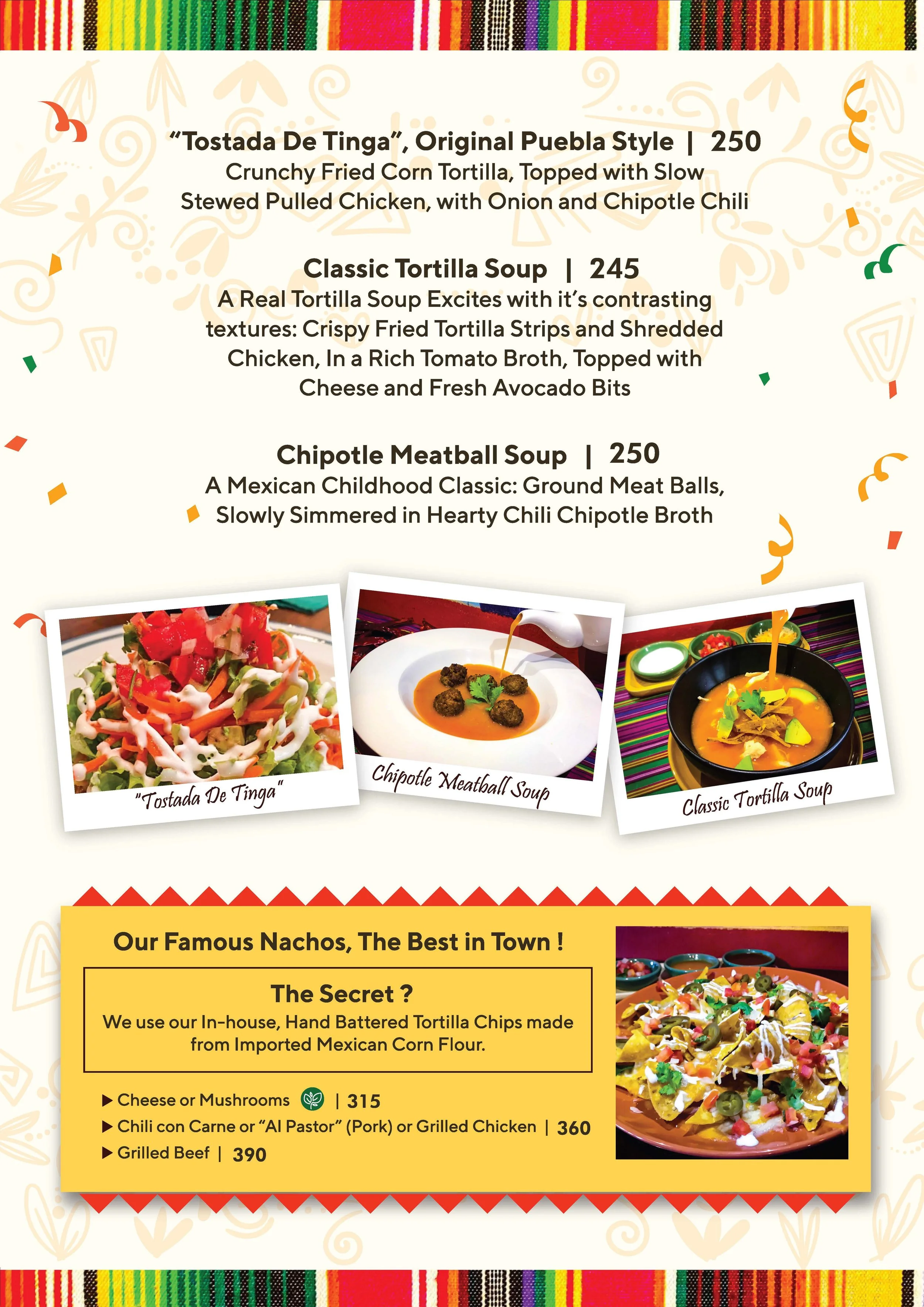 A menu listing various Mexican dishes, including 'Tostada De Tinga,' Classic Tortilla Soup, and Chipotle Meatball Soup, with descriptions and prices, along with photos of these dishes.