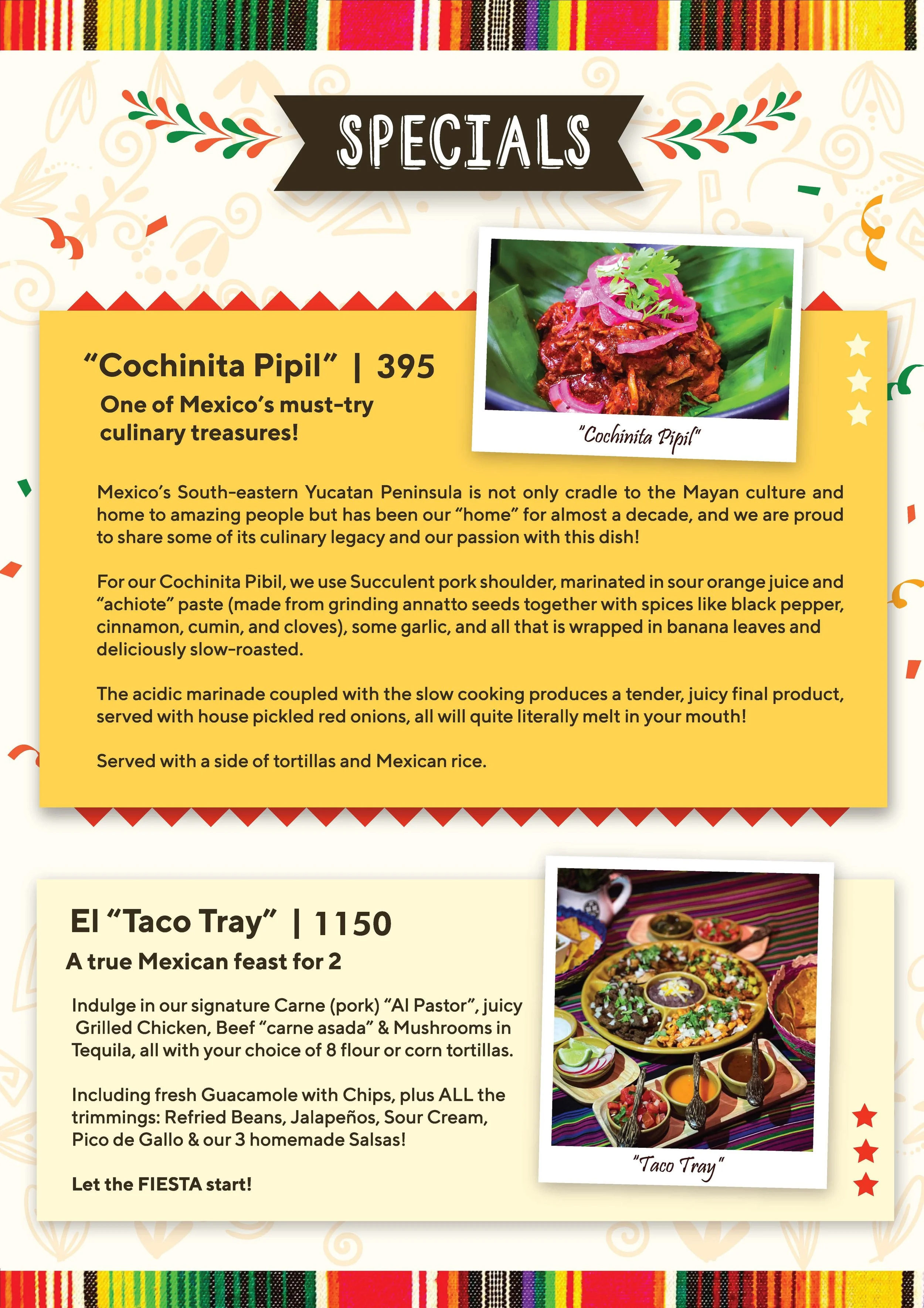 A menu page featuring Mexican dishes. The top section has colorful traditional patterns. The main part highlights 'Cochinita Pibil,' showing a photo of shredded pork with onions and herbs, along with a description of the dish. There's also a photo of a taco tray with various tacos and sides. The background includes decorative motifs and celebratory elements.