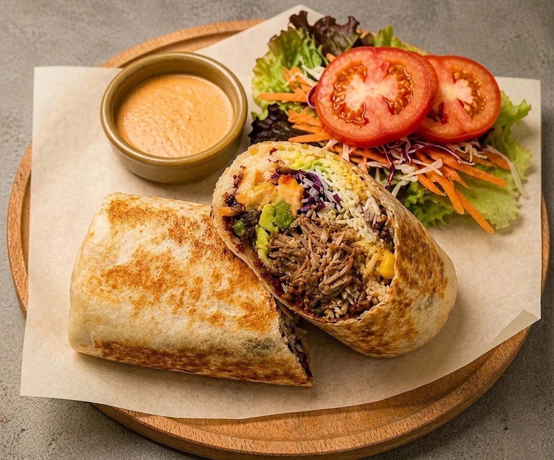 A burrito cut in half on a round wooden tray, with shredded lettuce, sliced tomatoes, shredded carrots, and shredded cabbage on the side, along with a small container of dipping sauce.