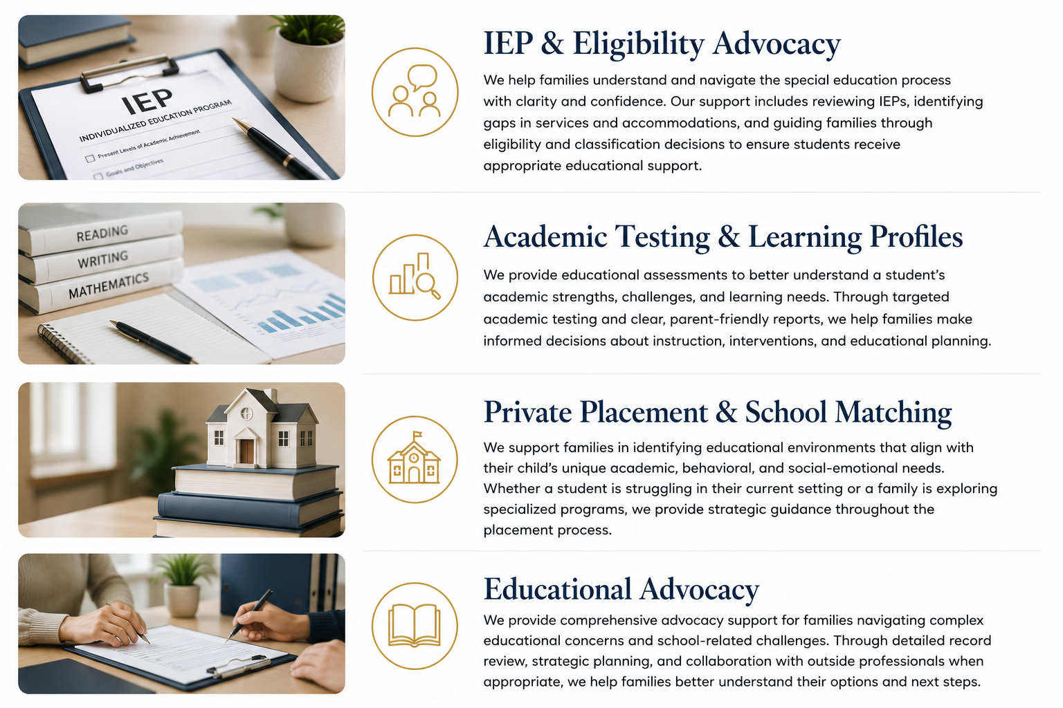 Informational flyer with four sections detailing different advocacy services related to education. Each section includes a photo and a description, with icons illustrating each topic: IEP & Eligibility Advocacy, Academic Testing & Learning Profiles, Private Placement & School Matching, and Educational Advocacy.