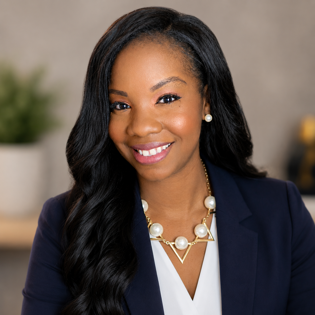 Professional woman with long black hair, wearing pearl jewelry and a navy blazer, smiling in an office setting.