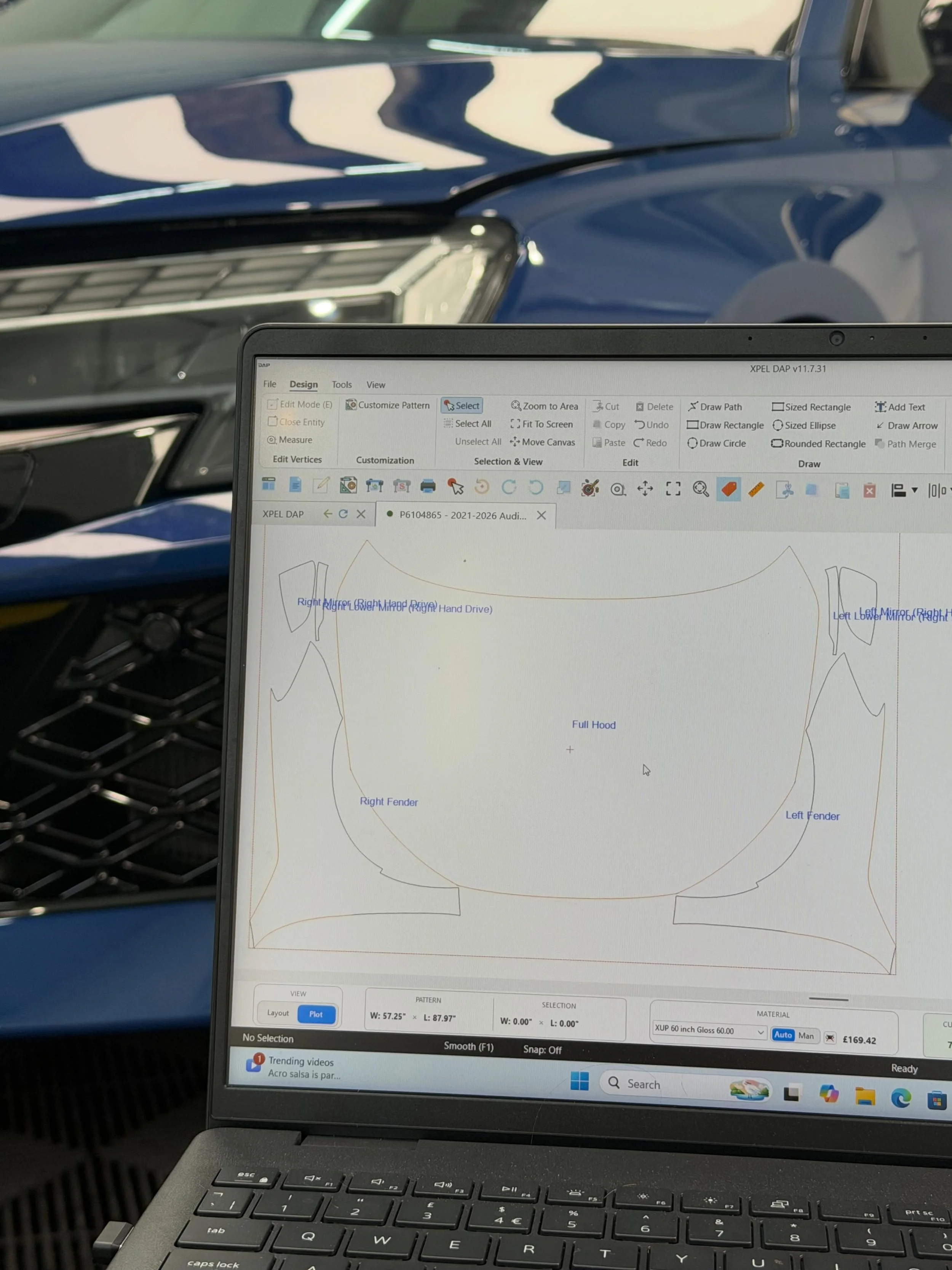 Film preparations underway, we use Xpel DAP software for all our installations. DAP has a vast pattern library, we then alter and adapt these patterns to our standards to achieve a seamless edge free finish.