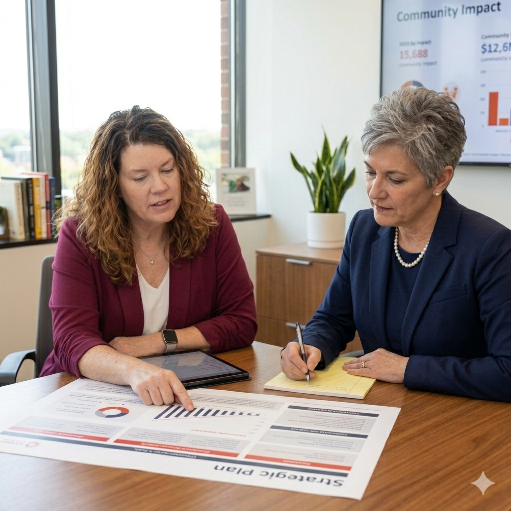 Two women having a meeting, reviewing a strategic plan with charts and graphs, in an office with a window and potted plant.