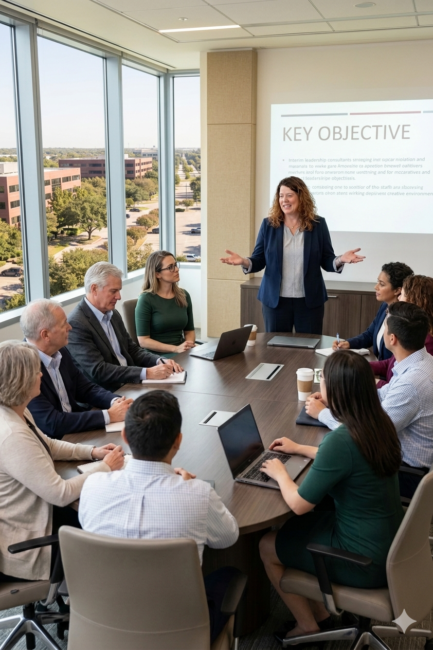 A woman giving a presentation in a modern conference room with large windows, surrounded by diverse attendees listening attentively, with laptops and notebooks on the table.