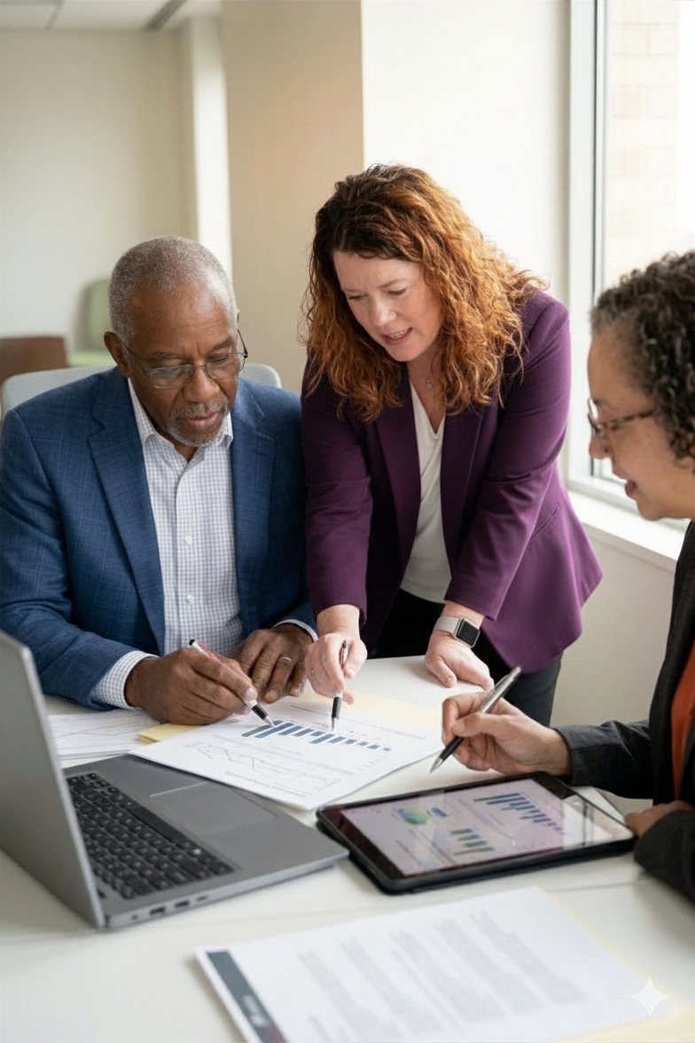 Three colleagues in business attire gathered around a table with documents, a laptop, and a tablet, discussing data and charts in a bright office.