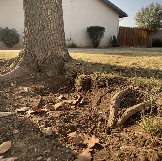 Leaning tree trunk with cracked soil at base