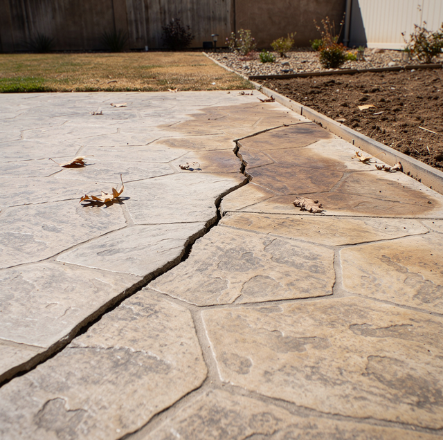A concrete patio with a prominent crack running through it, surrounded by grass, gravel, and a metal fence.