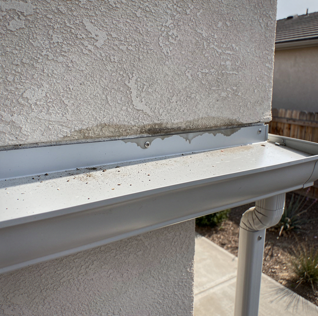 White gutter attached to textured concrete wall with metal bracket and downspout visible.