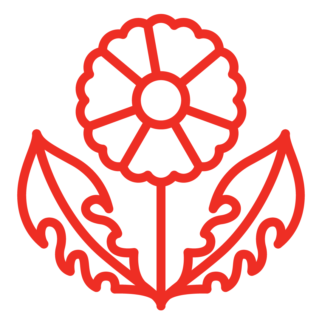 Weed Resistant - A red outline of a flower with a central circular blossom and two detailed leaves at the base, set against a black background.