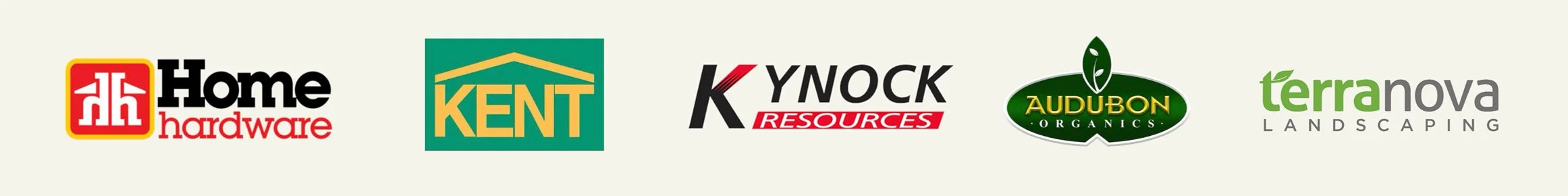 Logos of five companies: Home Hardware, Kent, Kynock Resources, Audubon Organics, Terra Nova Landscaping.
