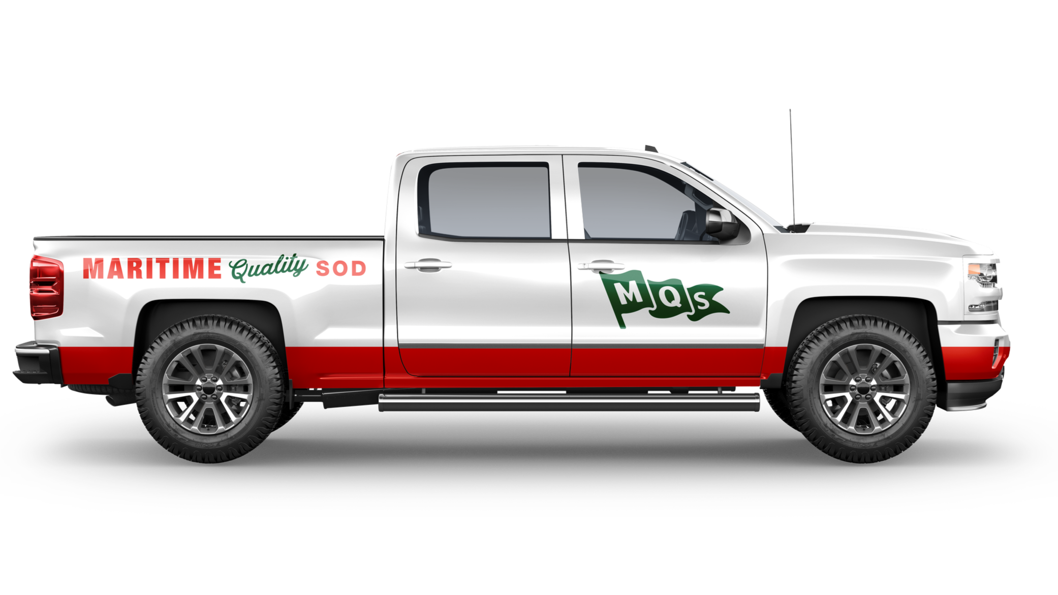 White pickup truck with red and green branding, including the words "MARITIME Quality SOD" and a green logo with "MQS" on the doors.