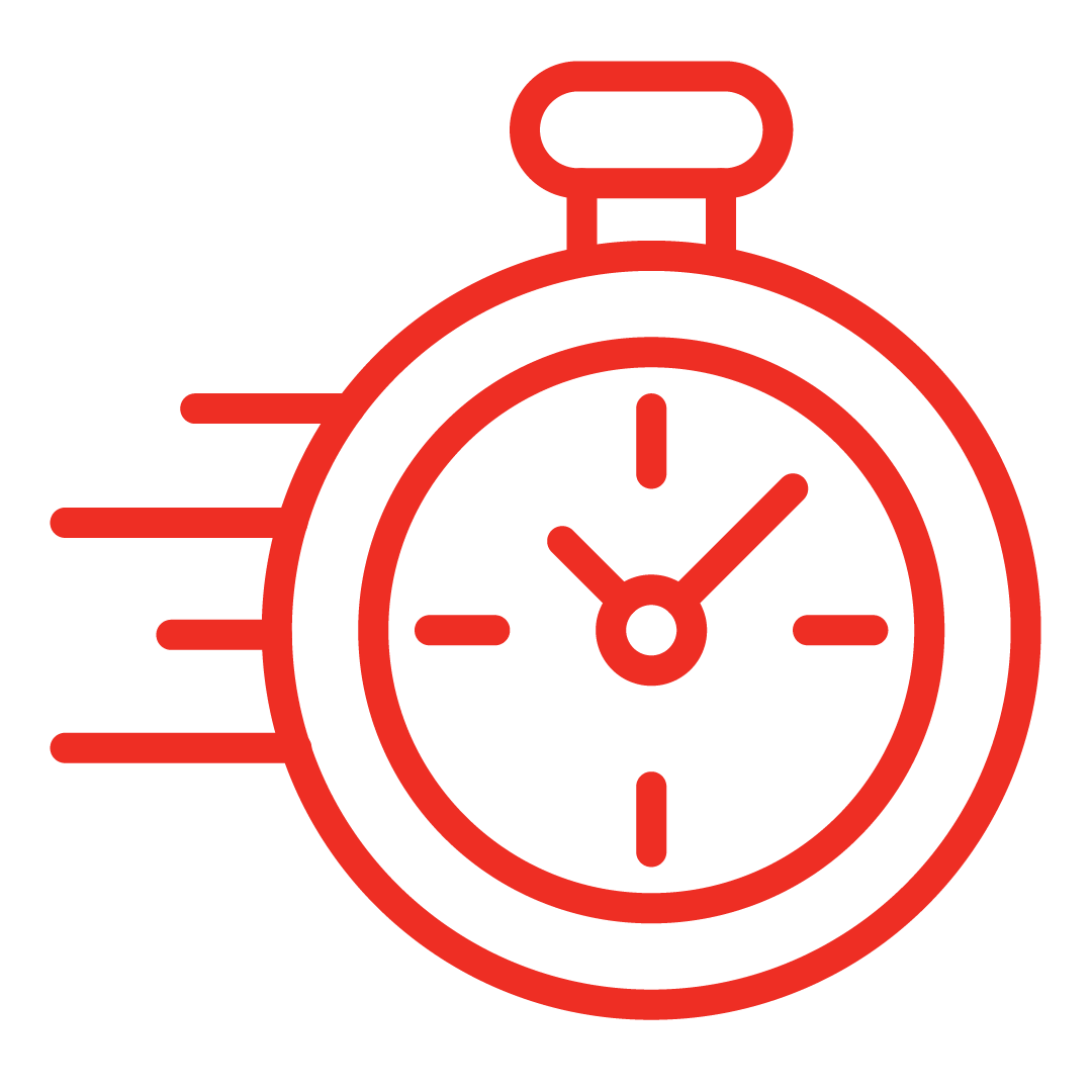 Faster Installation - Red stopwatch with motion lines indicating speed or quickness.