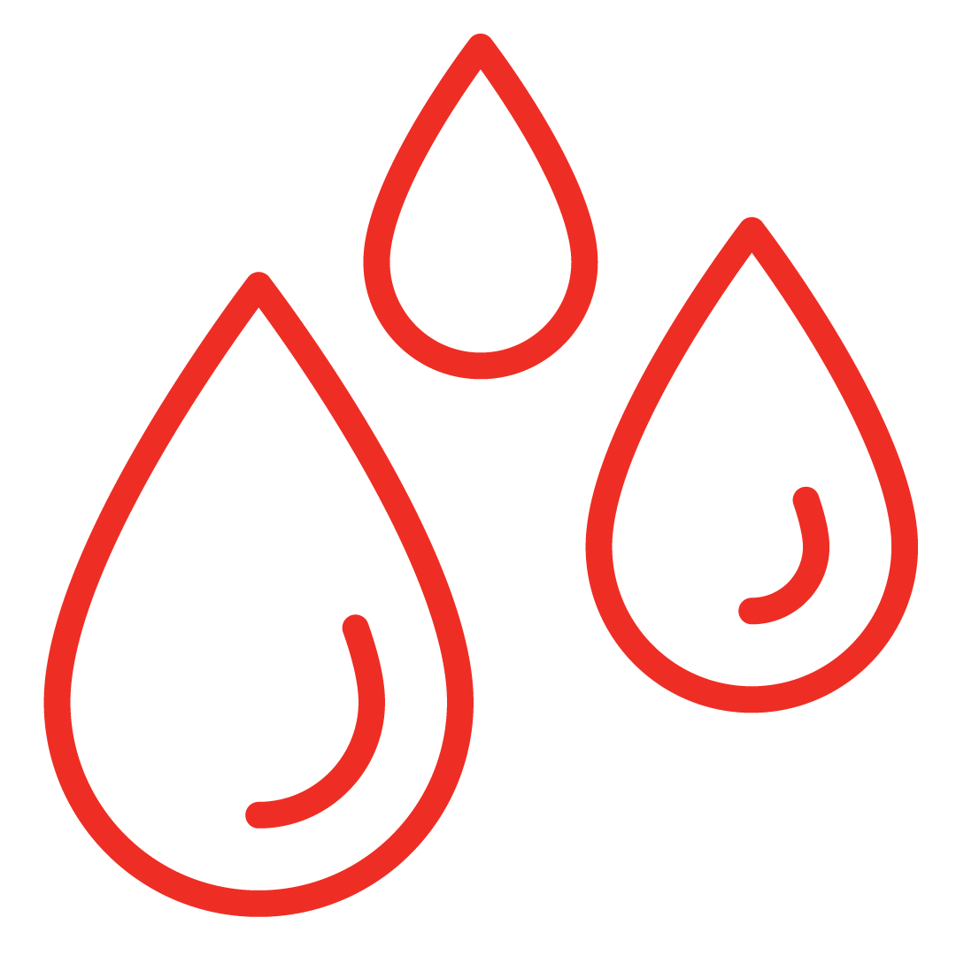 Moisture Retention - Red outline icons of three water drops indicating water resistance or waterproof feature.