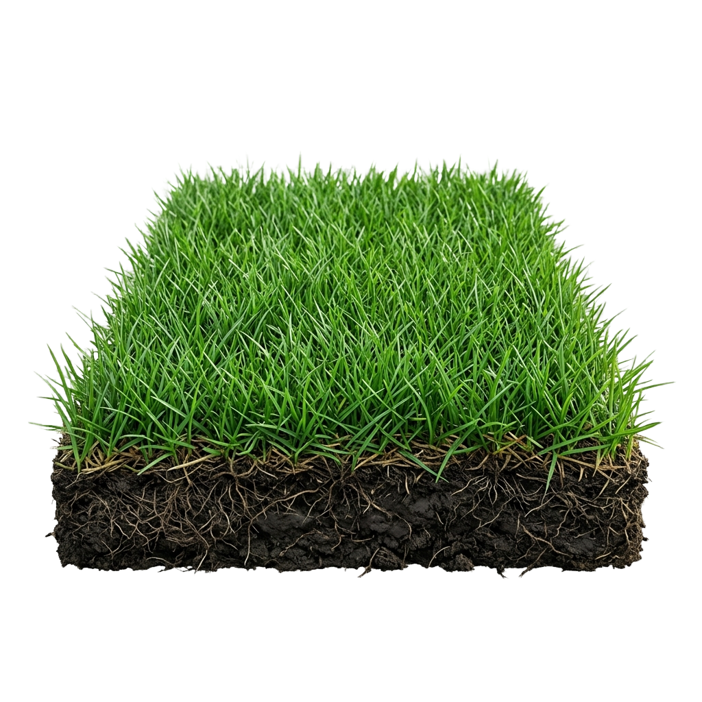 Close-up of a piece of sod - green grass with roots in dark soil.