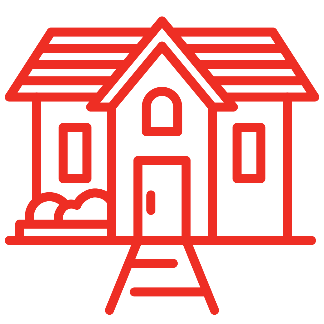 Curb Appeal - Outline drawing of a house with a front porch, stepped walkway, trees, and windows.