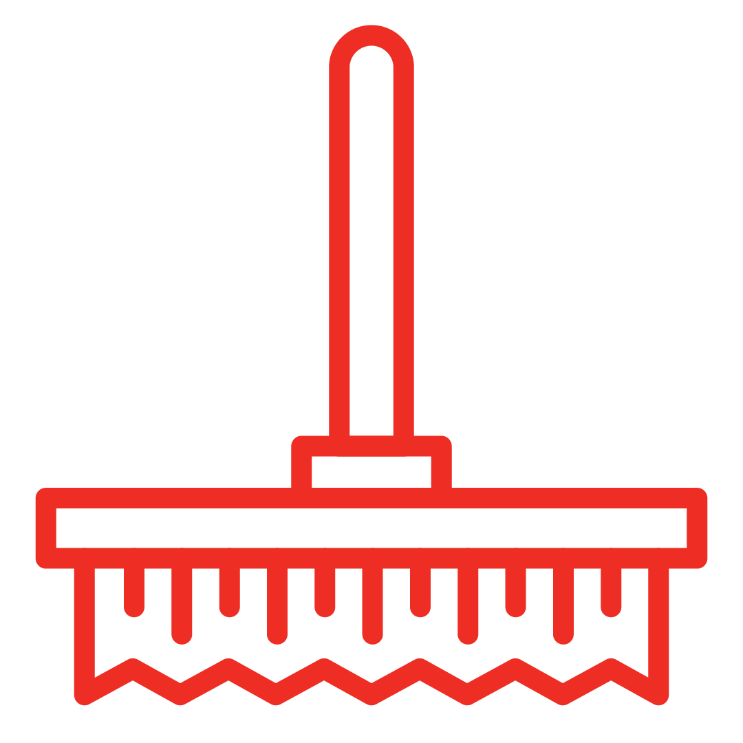Clean Installation - Red outline icon of a broom with a long handle and bristles at the bottom.