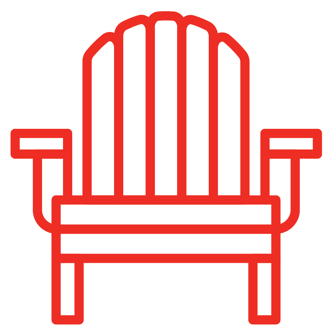 Relax & Unwind - Red outline of a classic Adirondack chair on a black background.
