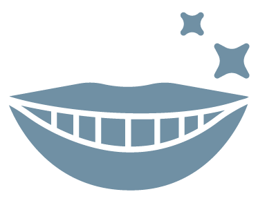 A cartoon illustration of a smiling mouth with white teeth, two sparkling stars above.