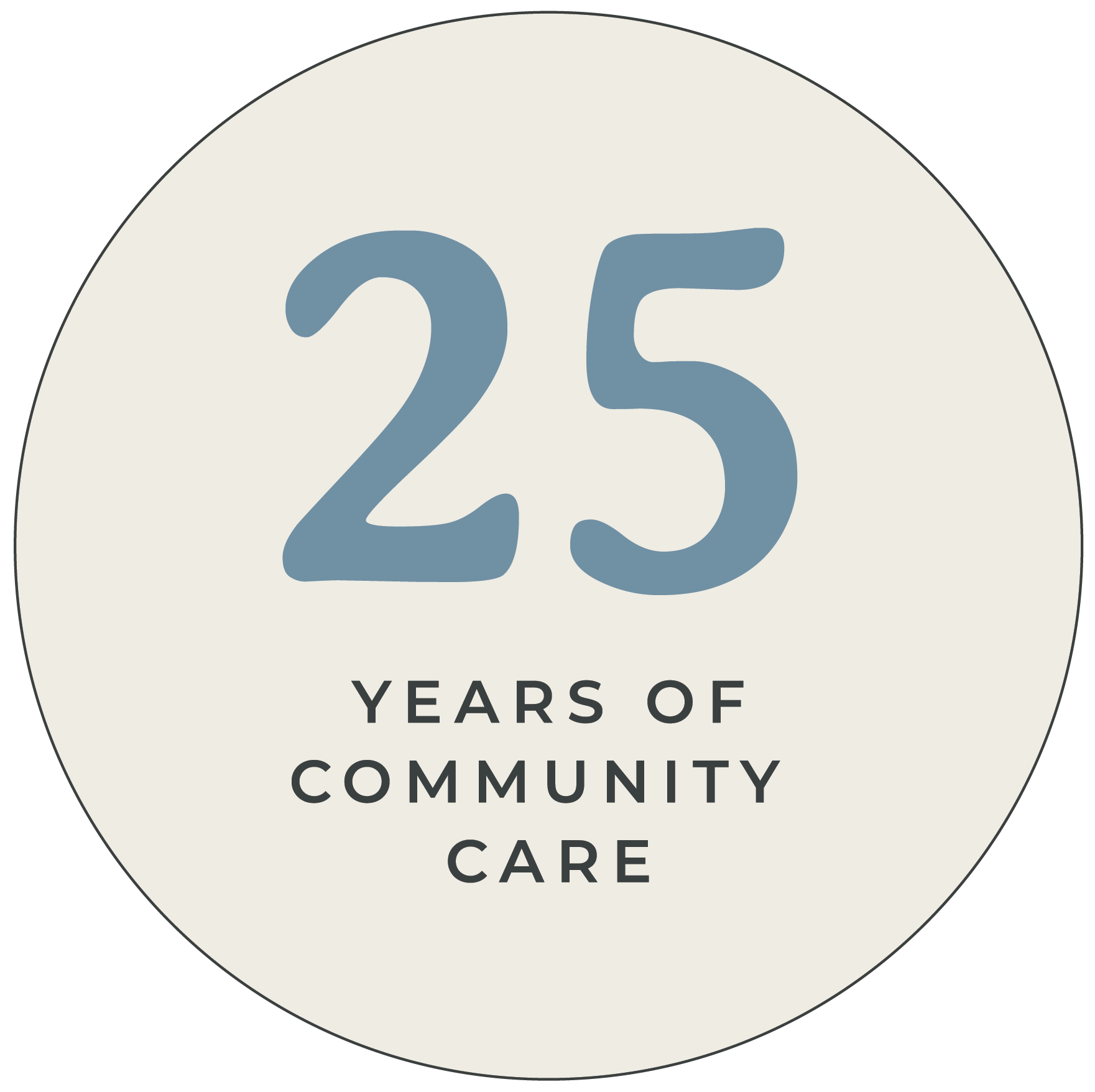 Circle with the text '25 Years of Community Care' on a beige background.