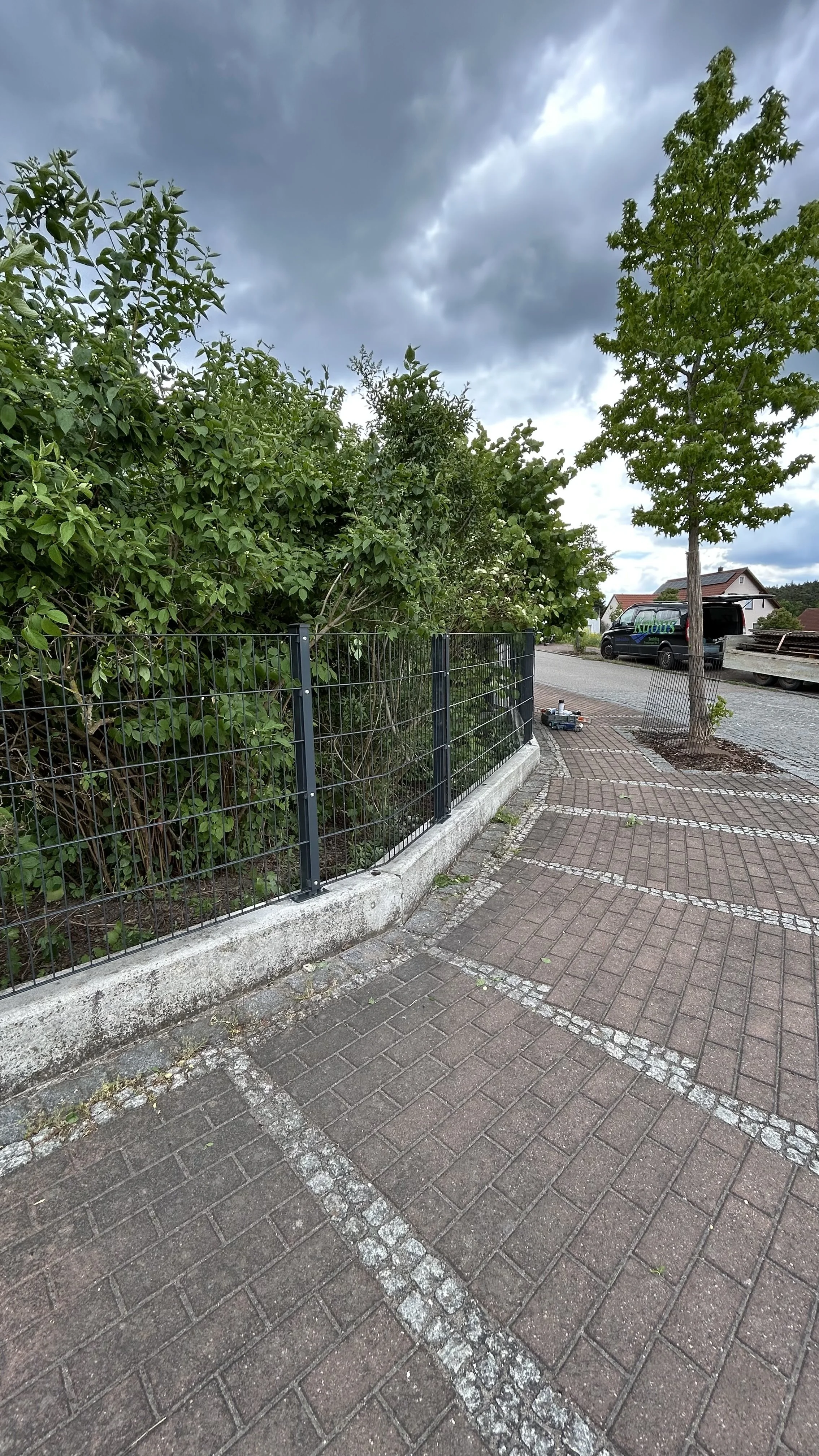 Straße mit gepflastertem Bürgersteig, grüner Busch hinter einem schwarzen Metallzaun, kleiner Baum, in der Ferne ein Van und ein Haus bei bewölktem Himmel.