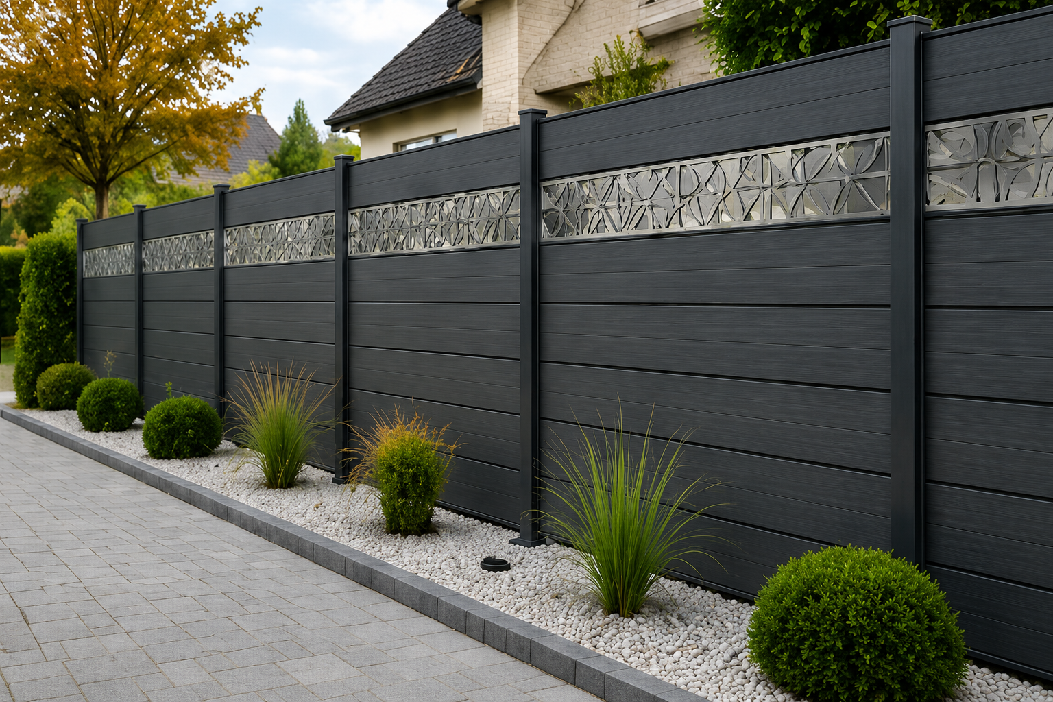 Ein moderner, schwarzer Sichtschutzzaun mit dekorativen, getönten Glaseinsätzen, umgeben von kleinen, grünen Sträuchern und plants auf weißem Kies, neben einem gepflasterten Weg in einem Garten.