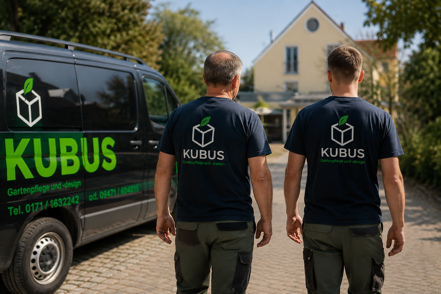Zwei Männer in dunklen T-Shirts mit dem Logo und Namen der Firma KUBUS gehen auf einem gepflasterten Weg neben einem schwarzen Firmenfahrzeug.
